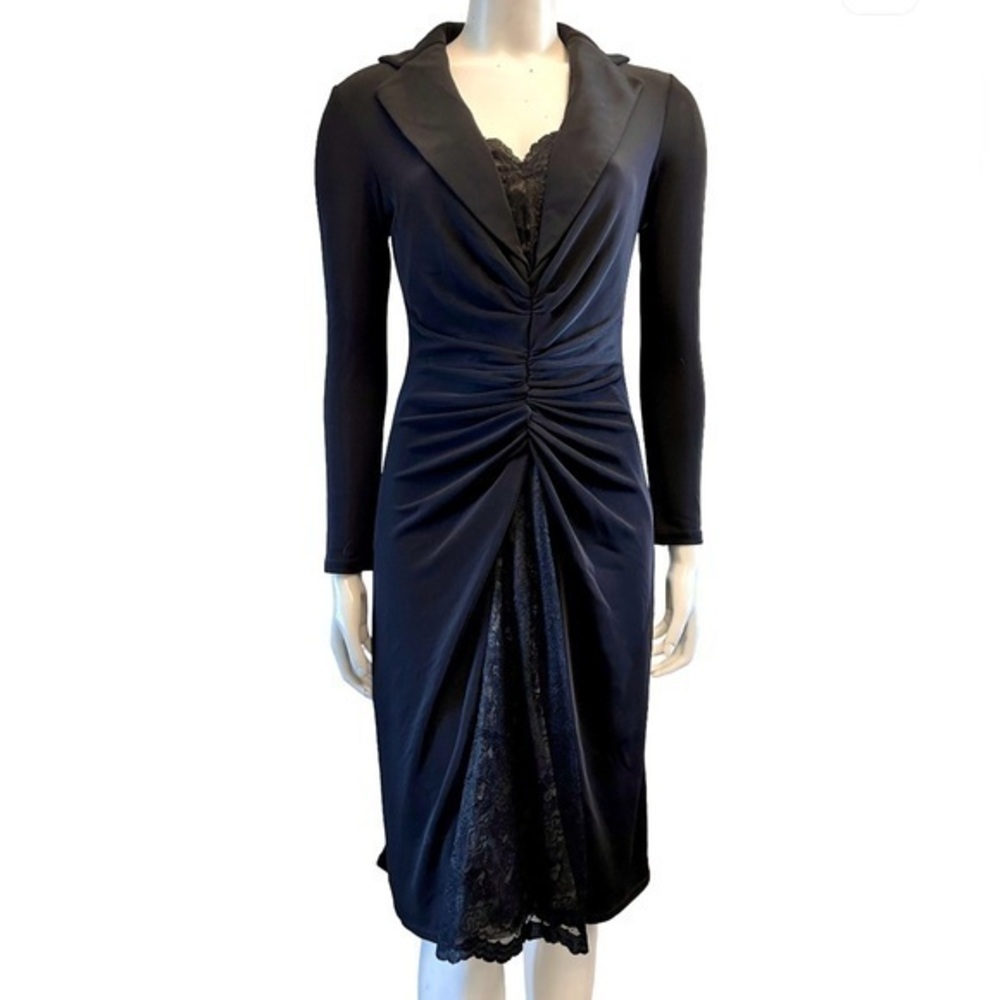 TADASHI Vintage Elegant Long Sleeve Black Dress with Lace Detail. Ruched.